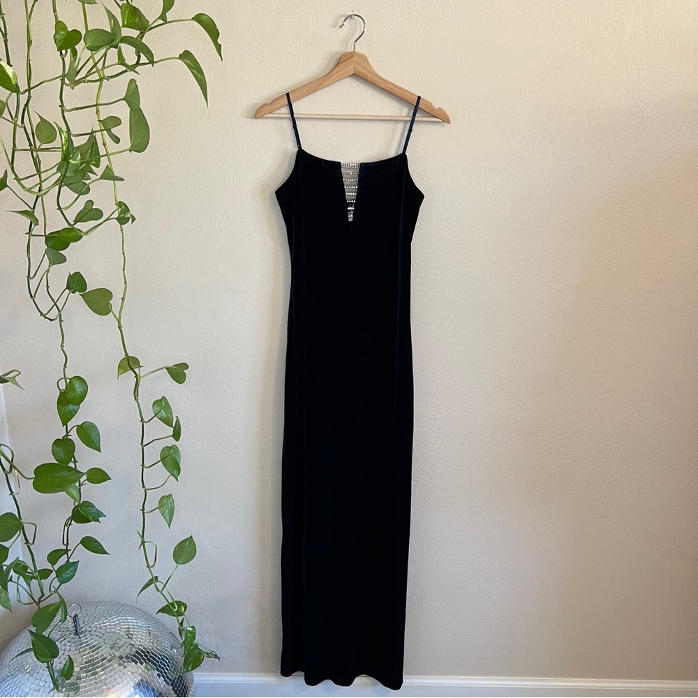Vintage 90’s Dark Blue Velvet Maxi Dress - Picture 2 of 13